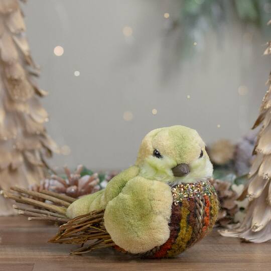 8.5" Green & Brown Autumn Harvest Tabletop Bird With Sequins